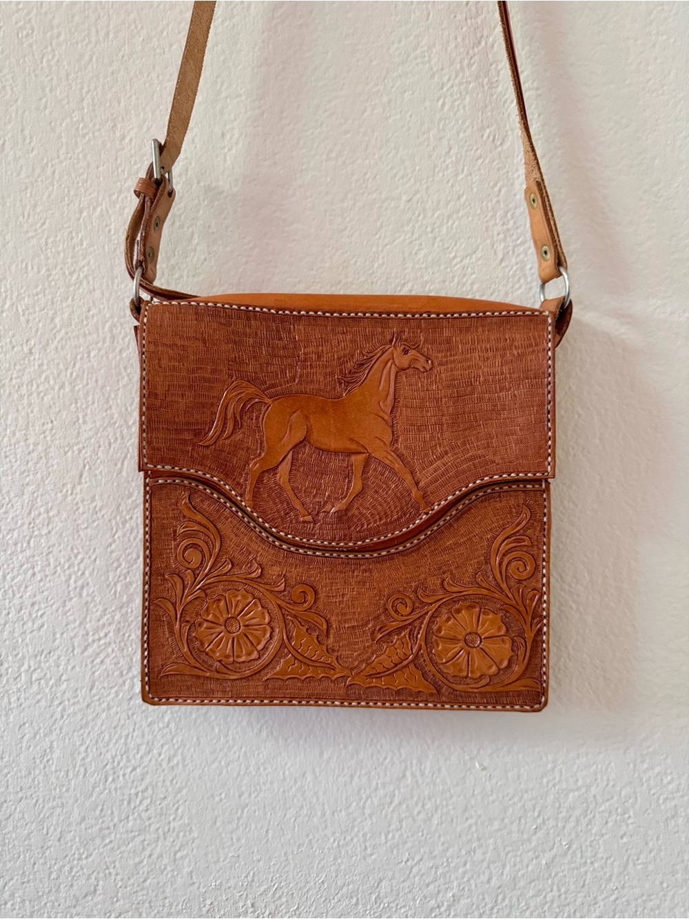 Leather Horse Crossbody Bag in Tan